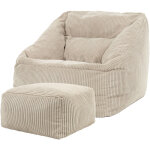 Pouf fauteuil en velours ctel morgan et repose - pieds, xxl pouf geant pour salon, pouf poire adultes, ...