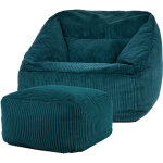 Pouf fauteuil en velours ctel morgan et repose - pieds, xxl pouf geant pour salon, pouf poire adultes, ...