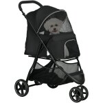 Poussette buggy pliable pour chien chat - 2 attaches, guidon rglable, panier - acier oxford noir
