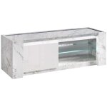 Prava - meuble tv 1 porte 150cm laqu� blanc et effet marbre avec leds