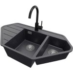 Primagran - evier d'angle en granit 90x50cm, lavabo cuisine 1, 5 bacs + kit de vidage + accessoire, vier ...