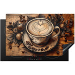 Protection plaque induction caf� - vintage - marron - tasse - bois couvre plaque de cuisson 83x51 cm