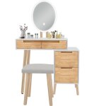 Puluomis - coiffeuse meuble avec miroir led et tabouret coiffeuse de maquillage 4 tiroirs en bois pour ...