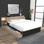 Le quai des affaires - lit city 140x190 + t�te de lit chevet + 1 tiroir / d�cor noir & ch�ne blanchi ...
