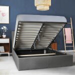 Le quai des affaires - lit coffre 140x190 cm en tissu gris fonc� avec t�te de lit - era