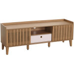 Rack tv hwc - m48, buffet bas armoire tv, porte coulissante en bois massif de manguier 56x150x40cm - ...