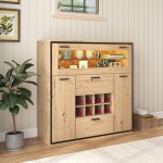 Redom - buffet, avec doubles portes, �tag�re en verre et porte - bouteilles, en bois, naturel