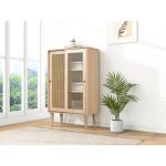 Buffet en bois, armoire de rangement avec portes en rotin plastique et portes coulissantes en verre, ...