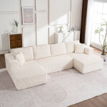 Redom canap� d'angle en u 332x156x88 cm, sans montage, convertible, avec 6 coussins, velours c�tel� blanc ...