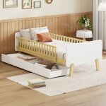 Redom - lit enfant simple, avec 2 tiroirs, sommier � lattes, 90x190cm, en bois, blanc