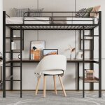 Lit mezzanine 90x200 cm, lit en fer avec bureau et �tag�re de rangement, pour enfants, adolescents et ...