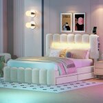 Redom - lit double rembourr� 140x200 cm, lit adulte led avec 4 tiroirs, usb et cha�ne st�r�o, beige, ...