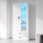 Redom - vitrine lumineuse led 16 couleurs, 2 portes, 2 tiroirs avec portes en verre, vitrine sur pied, ...