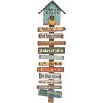 Rgles de jardin en bois avec rgles colores et maison bleue - bton de jardin