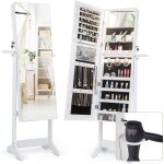 Armoire  bijoux sur pied led avec support pour sche - cheveux & miroir intrieur, armoire de rangement ...