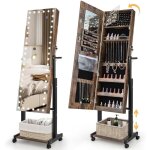 Armoire � bijoux sur pied � roues, miroir rangement bijoux avec led 3 couleurs, hauteurs & angles r�glables, ...