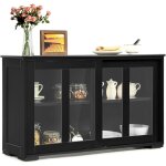 Buffet de cuisine 2 portes coulissantes en verre et 2 couches r�glables, buffet cuisine meuble rangement ...