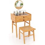 Relax4life ensemble coiffeuse et tabouret en bambou avec miroir rotatif r�glable, table de maquillage ...