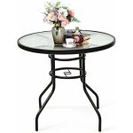 Table de jardin en fer et verre tremp� avec trou pour parasol, table bistro r�sistante aux intemp�ries ...