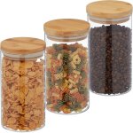 Relaxdays - lot de 3 bocaux, verre, couvercle en bambou, bocal conservation rond, 1000 ml, herm�tique, ...