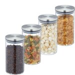 Relaxdays lot de 4 bocaux en verre, 1000 ml, herm�tique, couvercle acier inox, bocal � �picerie, transparent ...