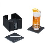 Lot de 8 dessous de verre en ardoise, bo�te similicuir, support boissons, 10 x 10 cm, pour bouteilles, ...