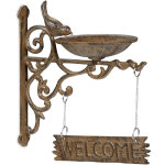 Relaxdays bain d?oiseaux en fonte de fer, inscription welcome, dcoration murale, pour le jardin, marron ...