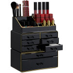 Bo�te rangement maquillage make up organisateur cosm�tiques tiroirs compartiments, noir - dor� - relaxdays ...