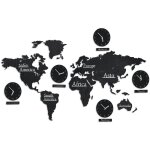 Carte monde en bois avec 5 horloges, 10 villes en 3d, map terre, mod�le, hxl 61 x 113 cm, choix de la ...
