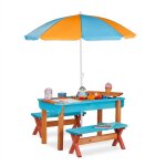 Ensemble chaise et table de jeux enfant jardin, en bois, table, 2 bancs et parasol, meuble ext�rieur, ...