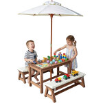 Relaxdays ensemble pour enfants: table et bancs de pique - nique avec parasol et coussins, bois, mobilier ...