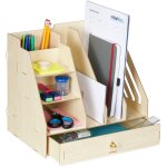 Organiseur bureau, 3 porte - documents, 3 �tag�res, 2 porte - stylos, 1 tiroir, diy, mdf, marron clair ...