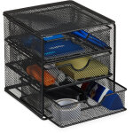 Organiseur de bureau 3 tiroirs m�tal fournitures stylos ustensiles hxlxp: 17x16x17cm, noir - relaxdays ...