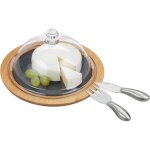 Relaxdays plateau  fromage, cloche  fromage, ardoise, couteau, fourchette, bambou, acier, nature
