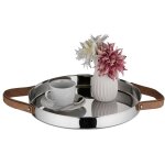 Plateau de service rond & d�coratif, bord sur�lev� et anses, acier inoxydable, diam�tre 35 cm, argent� ...