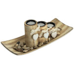 Porte - bougies en lot avec plateau et pierres, 34 cm de longueur, 3 bougeoirs, dcoration table salon, ...