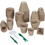 Relaxdays pot semis, lot pratique de 96, avec outils, pour la culture, tailles diff�rentes, marron