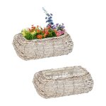 Pot de fleurs, lot de 2, rotin, cache - pots avec film, hxlxp: 10 x 25 x 15 cm, bacs intrieur, blanc ...