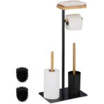 Serviteur wc, bambou, fer, support non fixe, brosse et porte - brosse, noir - nature - relaxdays