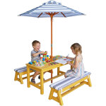 Relaxdays set de jardin pour enfants, table - pique - nique avec parasol & coussins, en bois, garniture ...