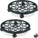Support roulant plantes rond, lot de 2, en m�tal, plateau roulant pots � fleurs, aspect antique, vert ...