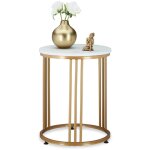 Table d'appoint marmo, m�tal et mdf, bout de canap� rond, salon, couloir, hxd 51 x 41 cm, blanc / dor� ...