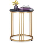 Table d'appoint marmo, m�tal et mdf, bout de canap� rond, salon, couloir, hxd 51 x 41 cm, noir / dor� ...