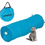 Tunnel pliable pour chat, lxd : env. 88x25 cm avec pompon, jouet interactif lapin, bleu - relaxdays