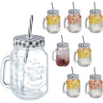Relaxdays verre  cocktails avec couvercle et paille incluse, lot de 8, 500 ml, style rtro, estival, ...
