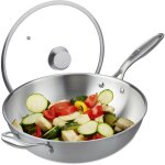Wok, diamtre de 32 cm, acier inoxydable, couvercle verre, cuisinire  induction, gaz, lctrique, argente ...