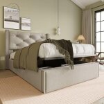 Retrok - lit coffre 90 x 200 cm - avec sommier � lattes, structure m�tal, coton, lit capitonn� adulte ...