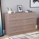 Riano commode 6 tiroirs large meuble de rangement pour chambre h 80 x l 120 x p 40 cm, noyer