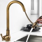 Robinet de cuisine en laiton antique en bronze antique, robinets m�langeurs r�pandus en cuivre monotrou ...