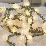 Rose guirlande lumineuse aux feuilles vertes, 9, 8ft 20led blanc chaud fleurs de rotin lumires friques, ...